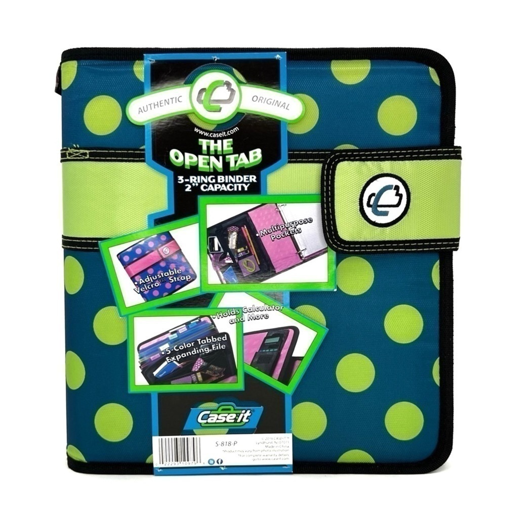 Case-It “The Open Tab” 2” Three Ring Binder Blue with Green Polka Dots New NWT